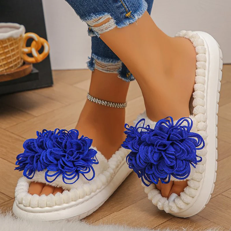 2025 Winter New Women's Open toed Plush Slippers Thick Bottom Home Comfortable Slippers Lightweight Anti slip Cotton Drag