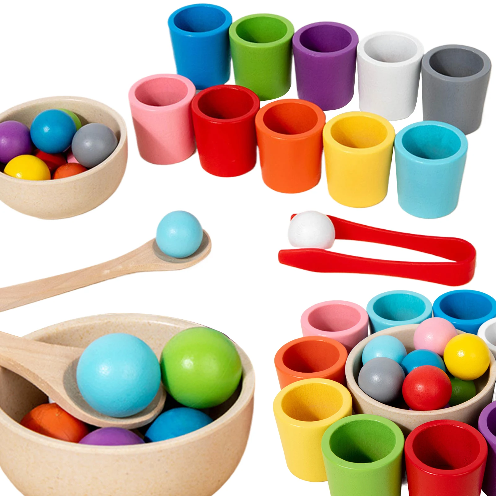 Rainbow Balls in Cups Wooden Matching Games Learning Color Sorting and Counting Activities Balls Montessori Toys for Toddlers