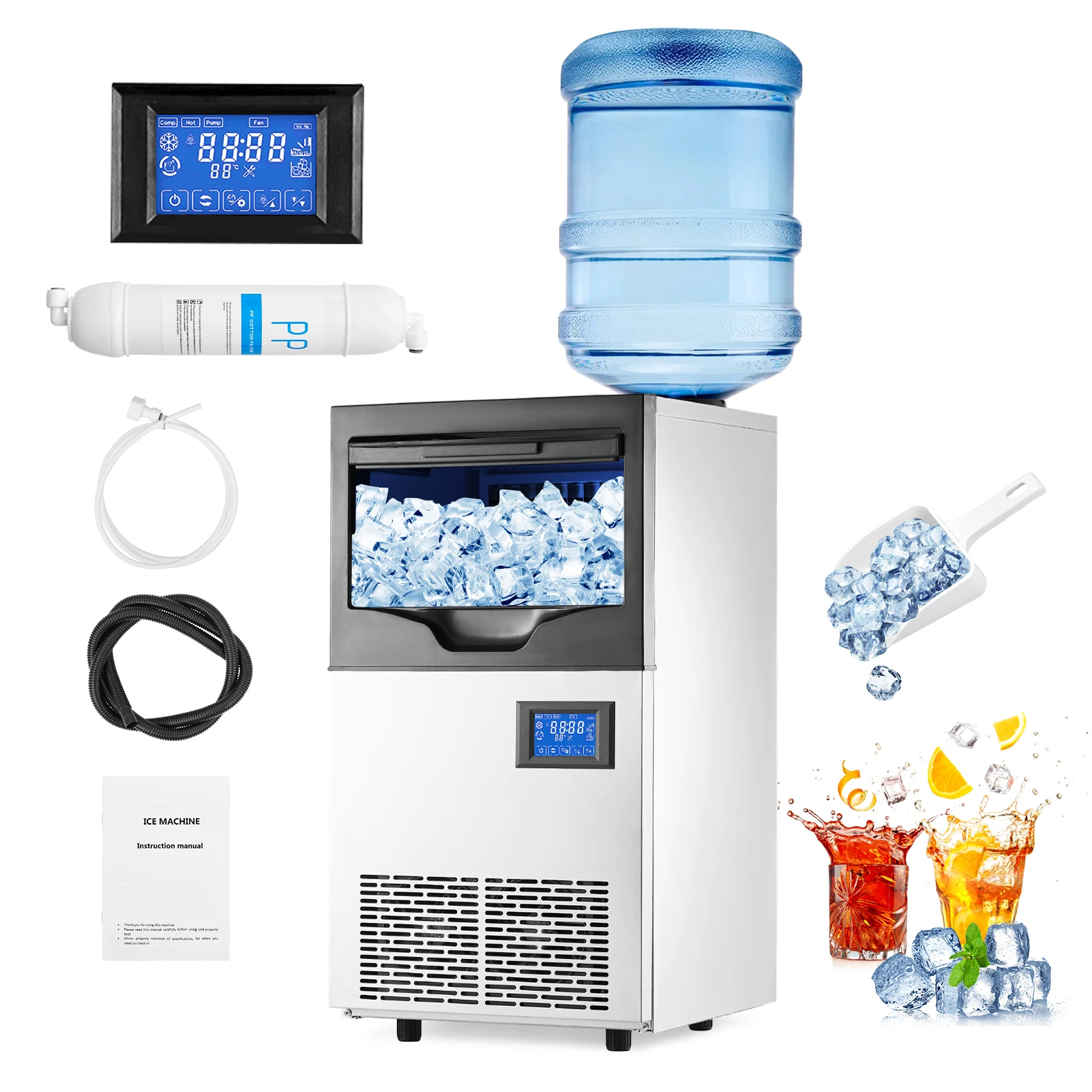 Máquina para hacer hielo comercial, 140 libras/24 horas, contenedor de almacenamiento de 22 libras, agregar agua bidireccional, función de limpieza automática de 0,9 pulgadas de espesor