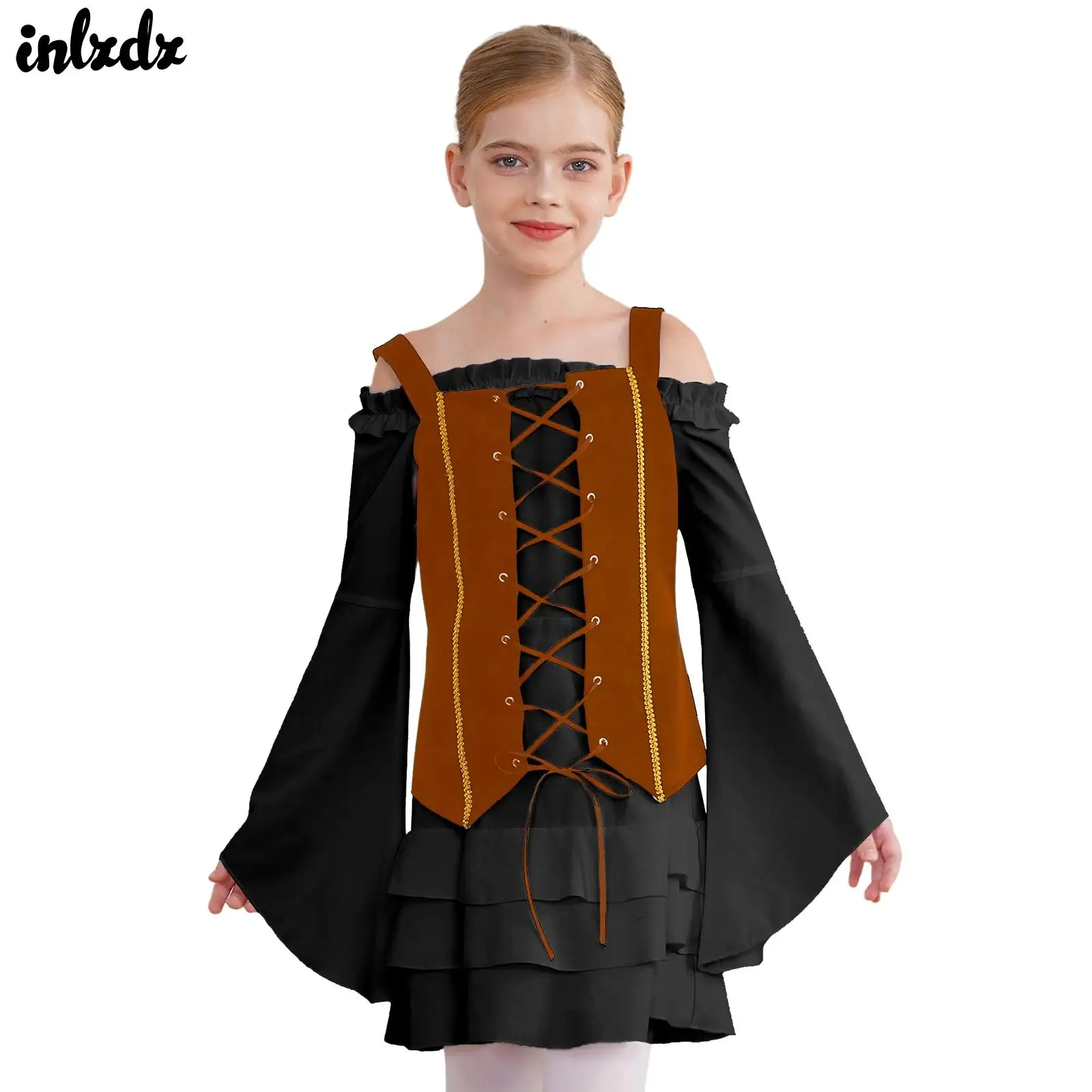 2Pcs Girls Victorian Pirate Costume Halloween Renaissance Gothic Pirate Cosplay Costume Tiered Ruffle Dress Lace-up Suede Vest