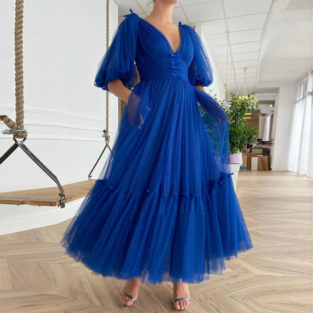 

Sevintage Royal Blue Dotted Tulle Midi Prom Dress V-Neck Half Puff Sleeves A-Line Evening Dresses Tea-Length Wedding Party Gowns