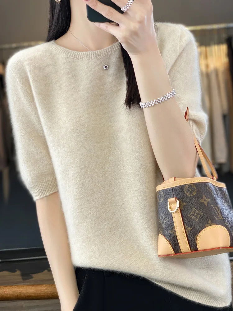 

Half Sleeve Cashmere Women Knitted Sweaters 100% Pure Merino Wool Spring Fashion O-Neck Top Pullover Non-Connect One Line