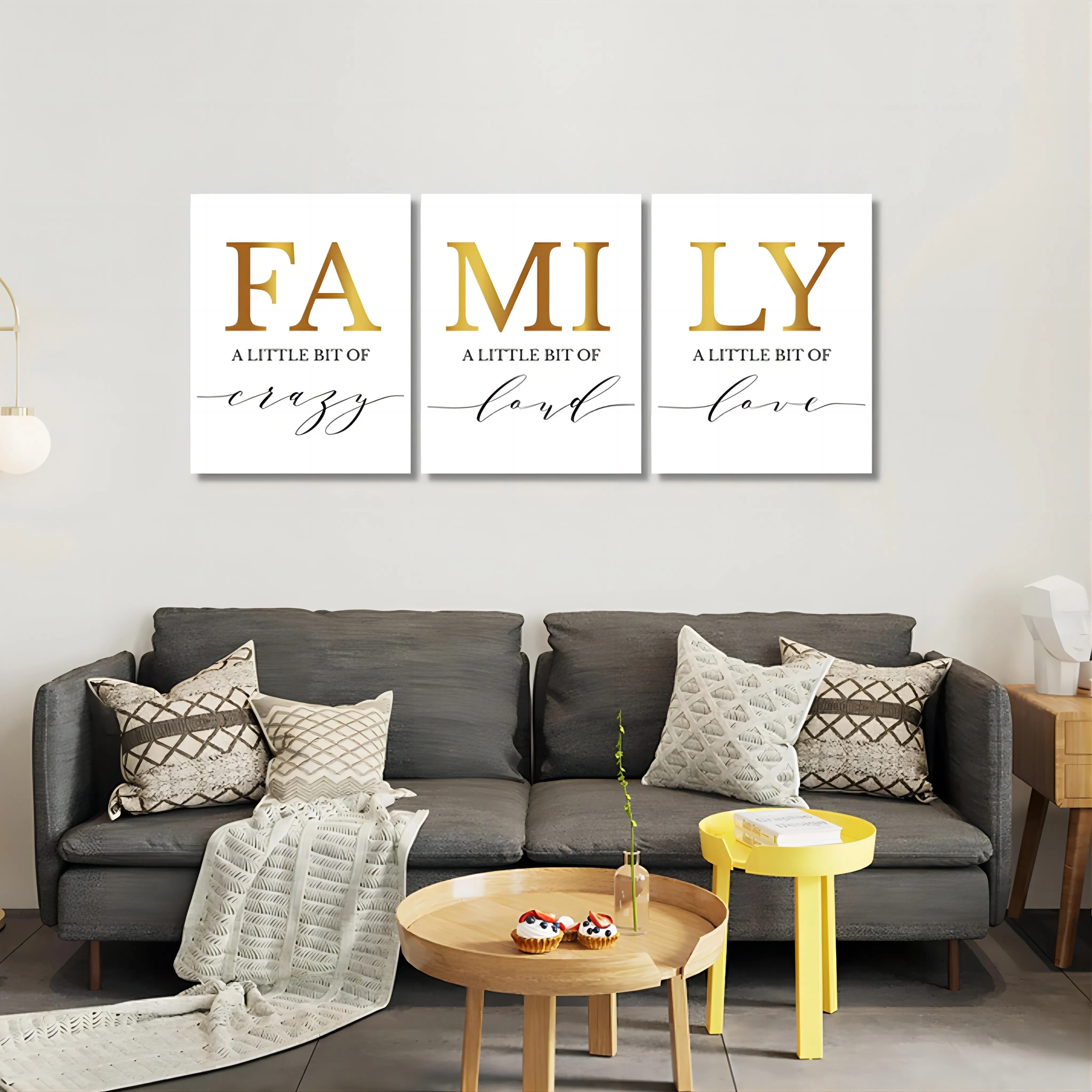 （Noframe 3PCS）-3pcs/set Golden White Family A Little Bit of Crazy Loud Love Canvas Print Painting No Frame