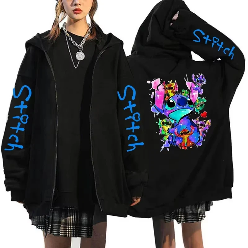 Sudadera con capucha animada bonita de Disney Stitch para parejas, Sudadera con capucha con cremallera, sudadera para mujer, ropa de calle, Sudadera con capucha holgada informal para mujer