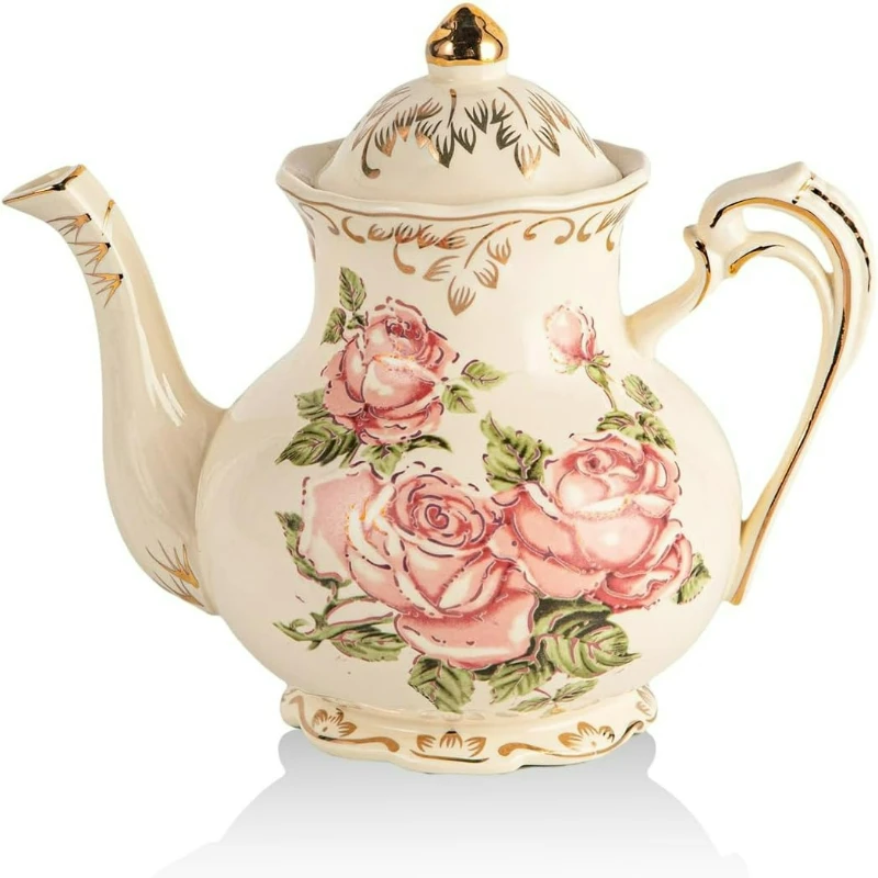 800ml Pink Rose Ceramic Teapot, Ivory Porcelain Coffee Pot, Vintage Floral with Gold Leaves Edge Design, Gift for Women