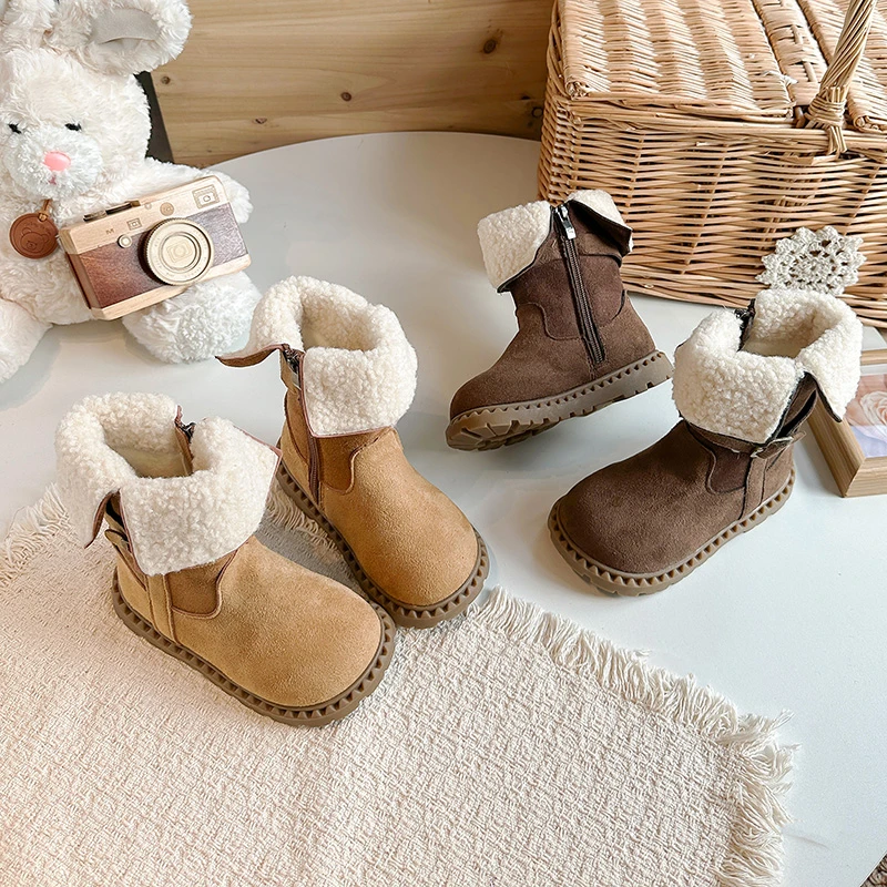 Foldable Cuff Leather Boots for Little Girls 2026 New Winter Kid Warm Snow Boots Non-slip Classic Princess Christmas Party Boots