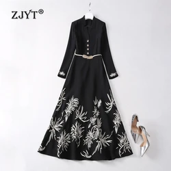 ZJYT Fashion Runway Designer Embroidery Long Sleeve Maxi Dress for Women 2024 Autumn Elegant Black Vintage Party Dress Vestidos