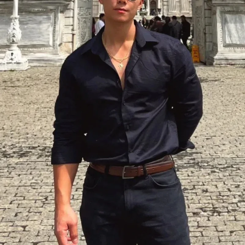 Spring Autumn Fashion Turn-down Collar Long Sleeve Solid Blouse Men's Clothing Korean Casual All-match Button Simplicity Shirts