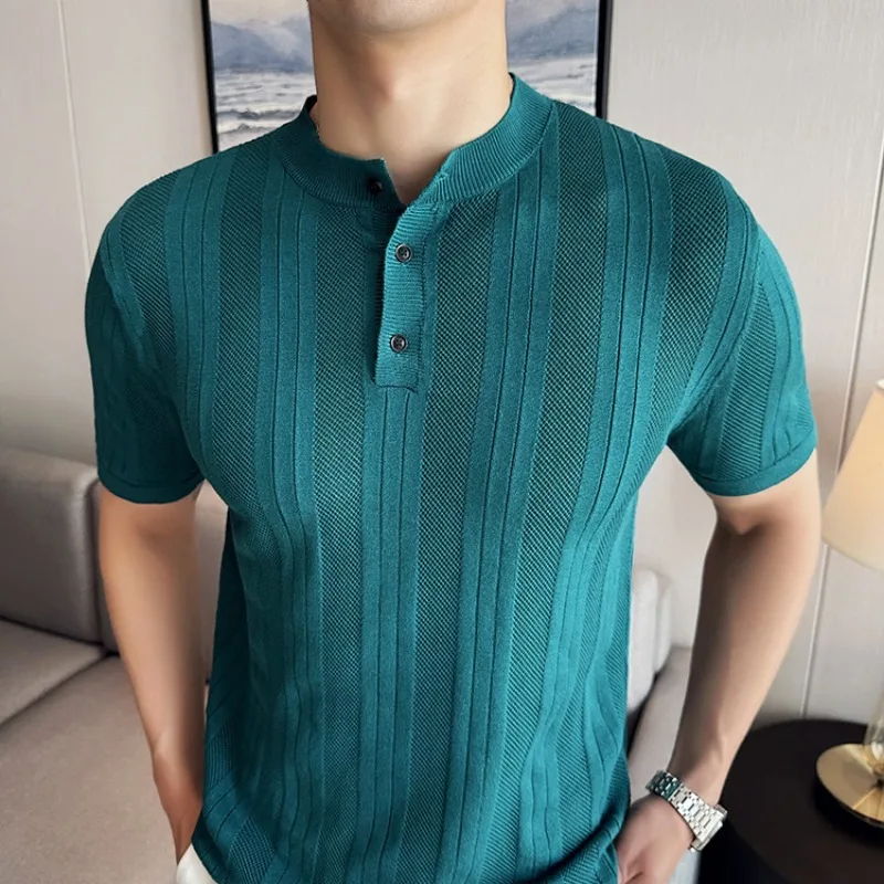 Chinese Style Stand Short Sleeve T-shirt Men Summer Hollow Stripe Knitted Collarless POLO Shirt Social Party Men Clothing