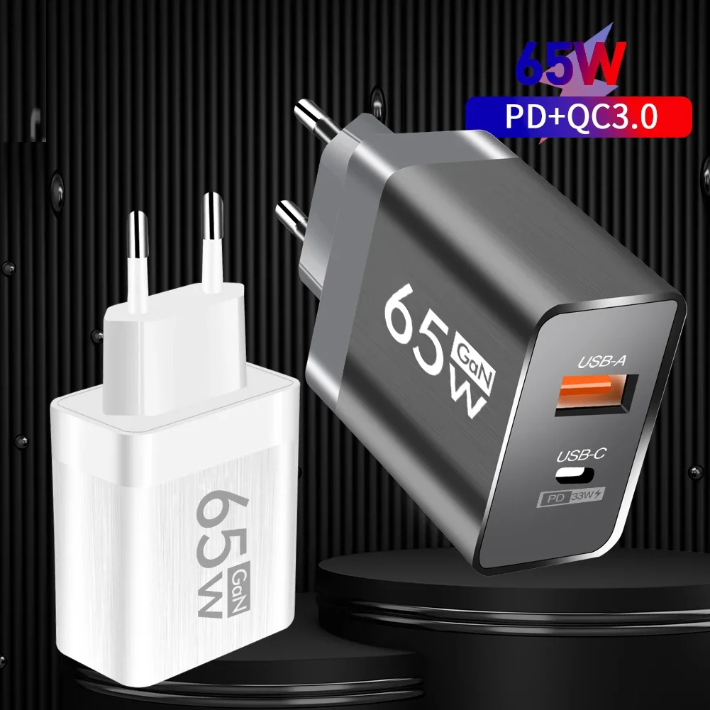 QC 3.0 GaN 65W Charger Fast Charging USB Type-C Adapter  Wall Adapter Portable Mobile Phone Charger For iPhone Samsung Huawei