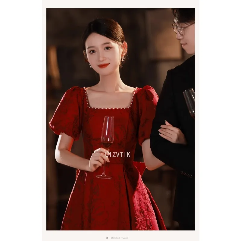 Burgundowa suknia ślubna w stylu francuskim księżniczka dla nowożeńców kobiety żakardowe Qipao 2025 elegancka suknia bankietowa z kokardą Robe De Soiree Vestidos