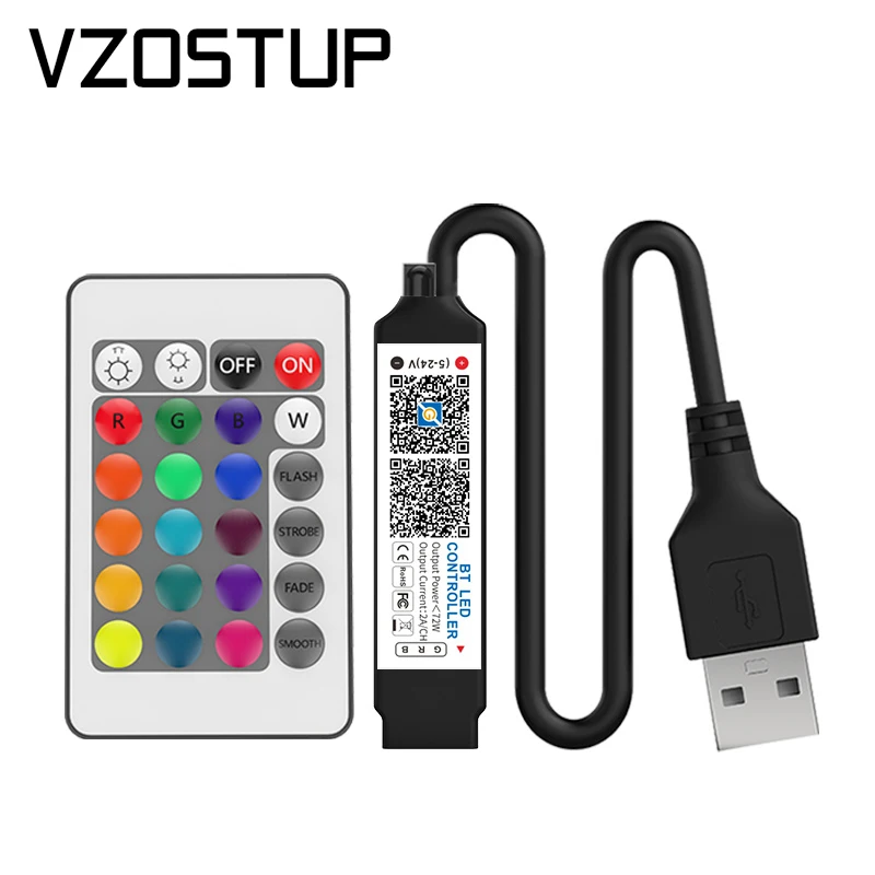 Bluetooth RGB LED Strip Controller with 24Keys IR Remote Dimmer Music Phone APP Control Brightness Adjust for 5050 Tape Light