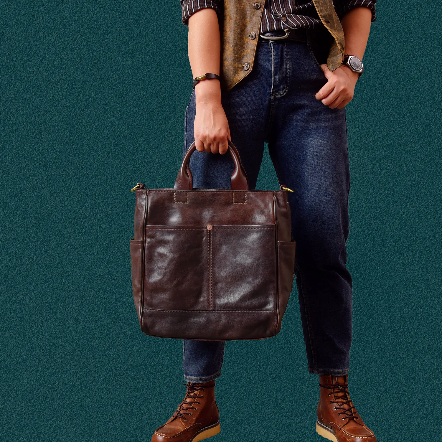 PNDME vintage high quality vegetable tanned cowhide men's work tote bag fashion luxury handmade genuine leather file handbag