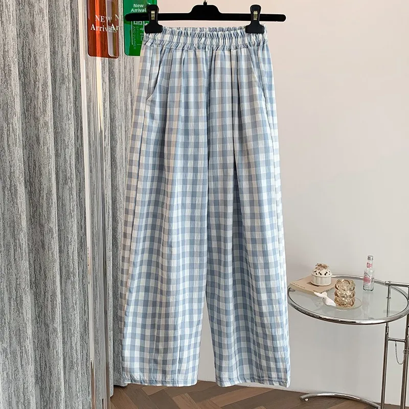 

Loose Wide Leg Pants Women's Summer Casual High Waist Nine Points Trendy Straight Cut Pants Blue White Grids Loose Fit Ladies