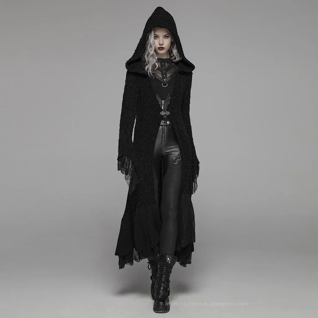 PUNK RAVE Women\'s Gothic Retro Black Long Hooded Sweater Halloween Costume Personality Women Woolen Cardigan Cuffs Stitched Lace