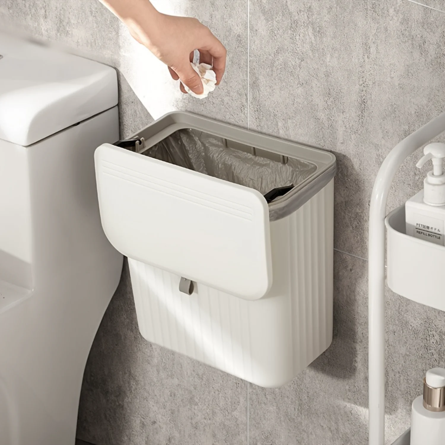 Plastic Wall-Mounted Trash Bin, Space-Saving Square Design, 2-in-1 Bathroom Trash Can With Toilet Paper Holder