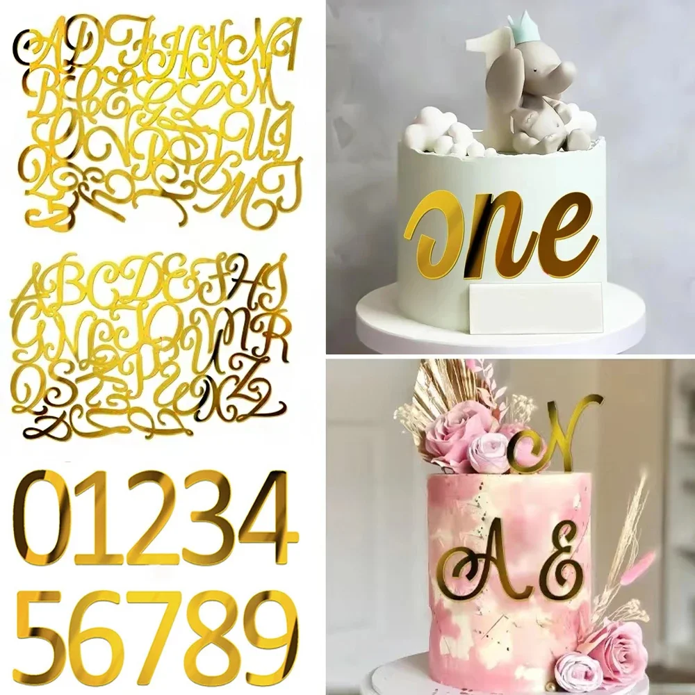 

Golden Mirror Acrylic Cake Decoration Happy Birthday Uppercase English Letter Set Wedding Party Cake Topper Cupcake Insert Flag