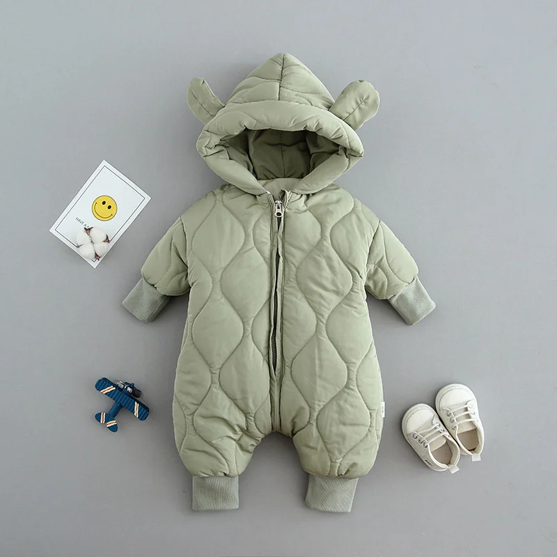 Newborn Down Jumpsuit Thicken Cotton No-Clean Rompers Boys Girls Solid Hooded Onesie Fleece Warm Bodysuit Winter 0-2 Years