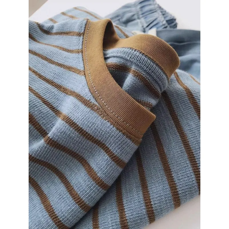 Women's Autumn 2025 Spliced   loose Round Neck Striped Lazy Style Age-reducing Student Pure Cotton Long-sleeved Top