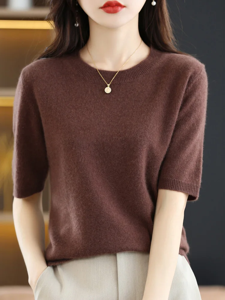 ผู้หญิง Merino ขนสัตว์เสื้อกันหนาว CASHMERE Pullover แฟชั่น Basic O-คอเสื้อแขนสั้นเสื้อยืดเสื้อผ้า Tops