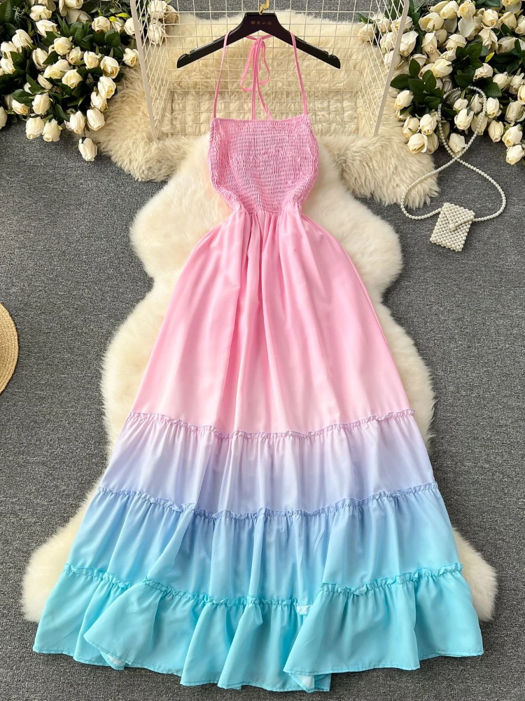 

Women Elegant Sexy Seaside Vacation Party Gradient Color Suspender Dress Summer Sleeveless High Waist Slim Pleat Robe Vestidos