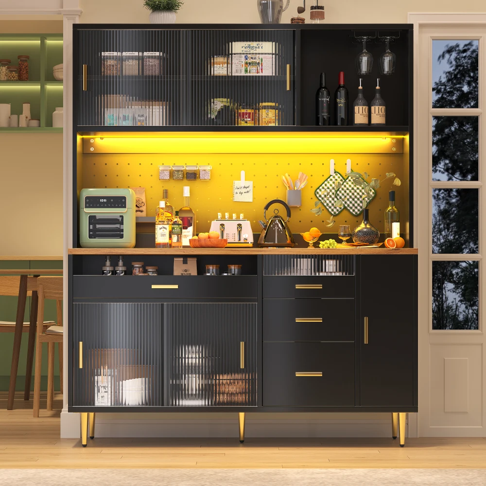 145×39×171cm hoge keukenkast voor woonkamer, eetkamerkast met LED-verlichting, dressoir met geperforeerde wandrekken