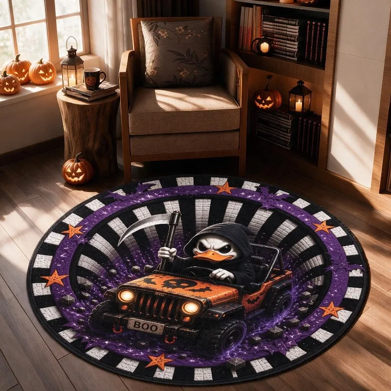 Round Holiday Rug 3D Grim Reaper Duck Printed Circular Carpet Holding Scythe Driving Skull Jeep Car for Armchair Floor