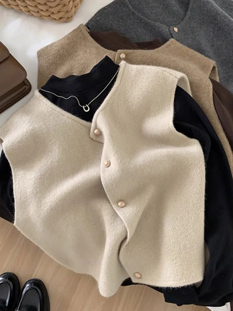

Comfortable Knitted Svel Vest Pure Color Layering Open Cardigan Slimming Loose Fit Versatile Casual Sle for Younger Look