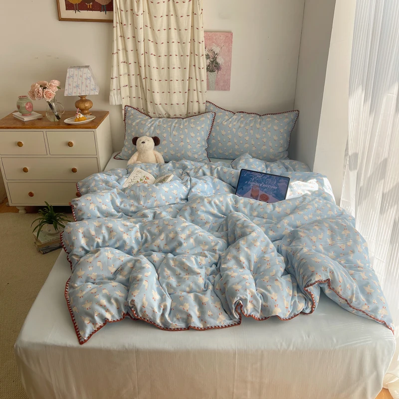 3pcs Luxury Cotton Gauze Duvet Cover Set (1*Duvet Cover + 1*Pillowcase+1*Flatsheet),Ins Cartoon Cotton Single Bedding 150×200cm