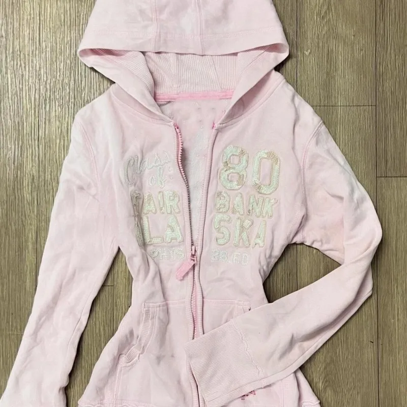 خريف جديد خمر الوردي رسالة هوديس لطيف فتاة Y2K زمم هوديي معطف تنوعا الرجعية العمر الحد البلوز Kawaii الملابس