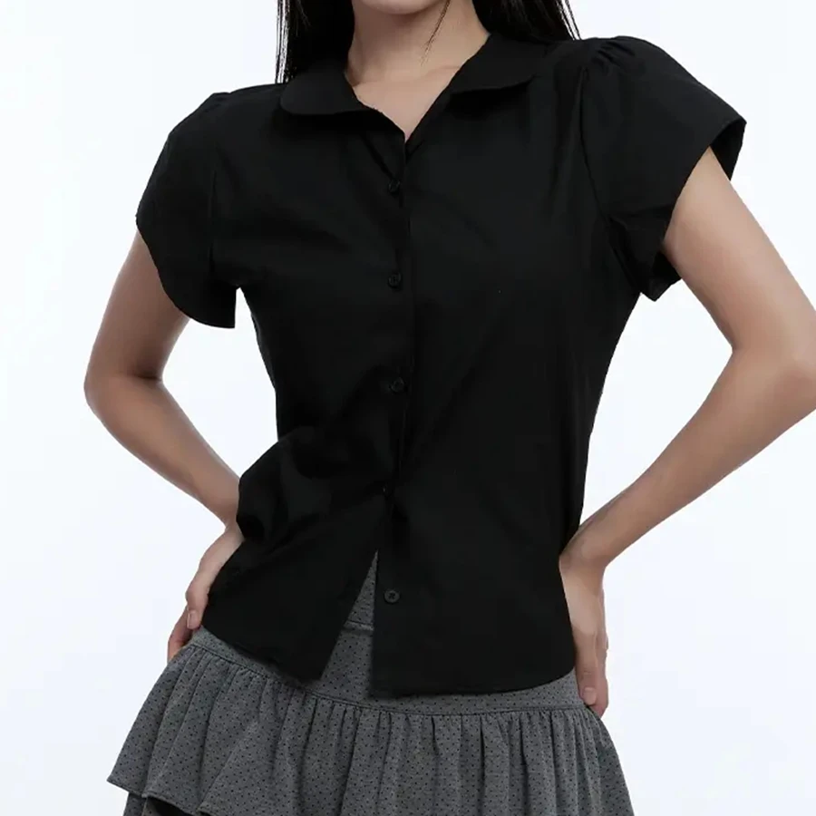 Y2K 셔츠 여성용 버튼 다운 셔츠 캐주얼 슬림핏 스타일리시한 솔리드 컬러 턴다운 칼라 반소매 탑 여름용