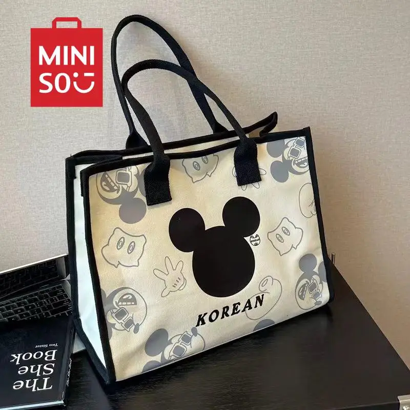 

MINISO canvas bag women's large capacity bag 2024 new cartoon Mickey print handbag shopping bag versatile tote bag