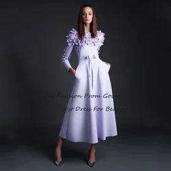 Ray Fashion A Line Evening Dress Boat Neck Full Sleeves With Flowers Tea Length For Women Formal Occasion Party Gown فساتين سهرة