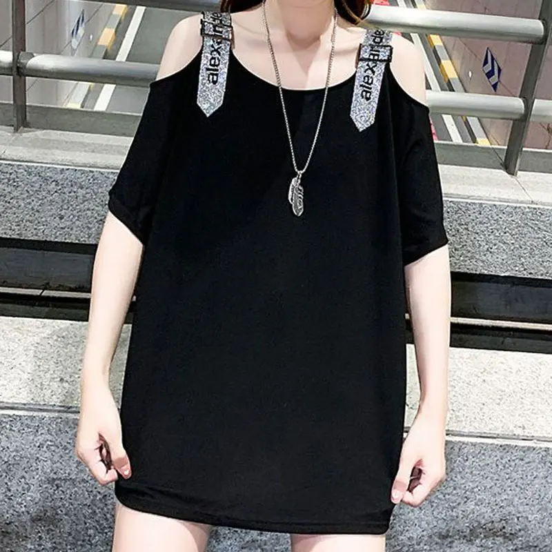 Streetwear Solid Color Fashion Slash Neck T-shirt Women\'s Clothing Sexy Off Shoulder Summer Casual Spliced Loose Midi Pullovers