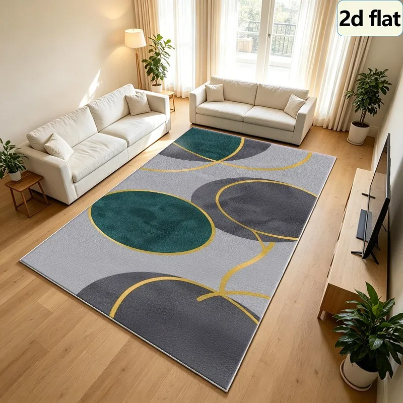 Luxury Emerald Green Grey Gold Line Circle Abstract Carpet Flooring Square Area Rug Non-Slip Washable Floor Mat for Dining Room Luxury Home Decor