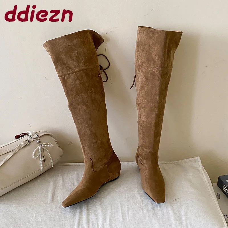 

Женские новые модные женские сапоги до колена на шнуровке, женские длинные современные сапоги из флока, женские туфли, увеличивающие рост