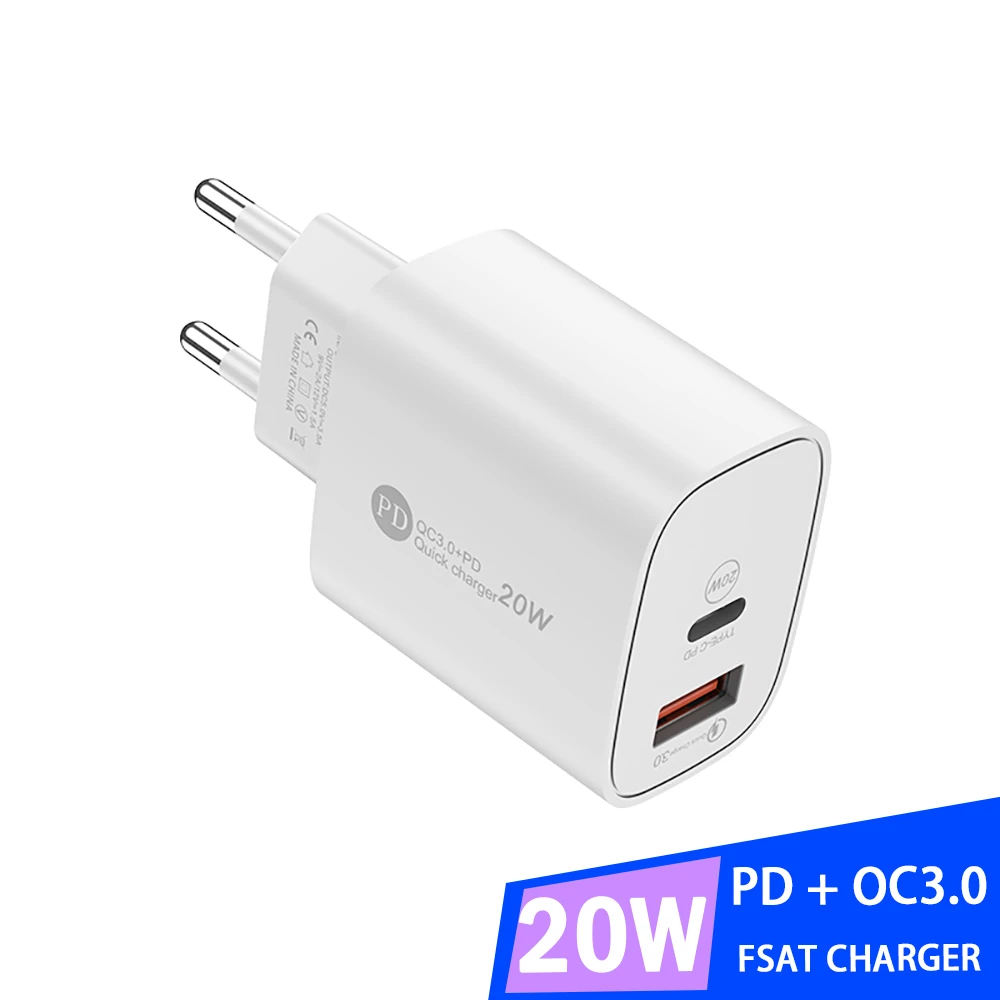 PD20W USB C Carregador rápido Carregador de parede de porta dupla QC3.0 Adaptador de carregamento rápido para iPhone Xiaomi Samsung Huawei Carregador de tomada UE/EUA