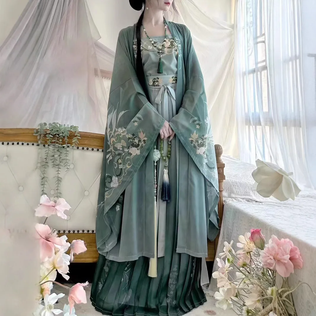 هان الملابس أغنية المرأة النمط الصيني التقليدي المطبوعة الخصر مطوي تنورة تنفس الربيع والخريف