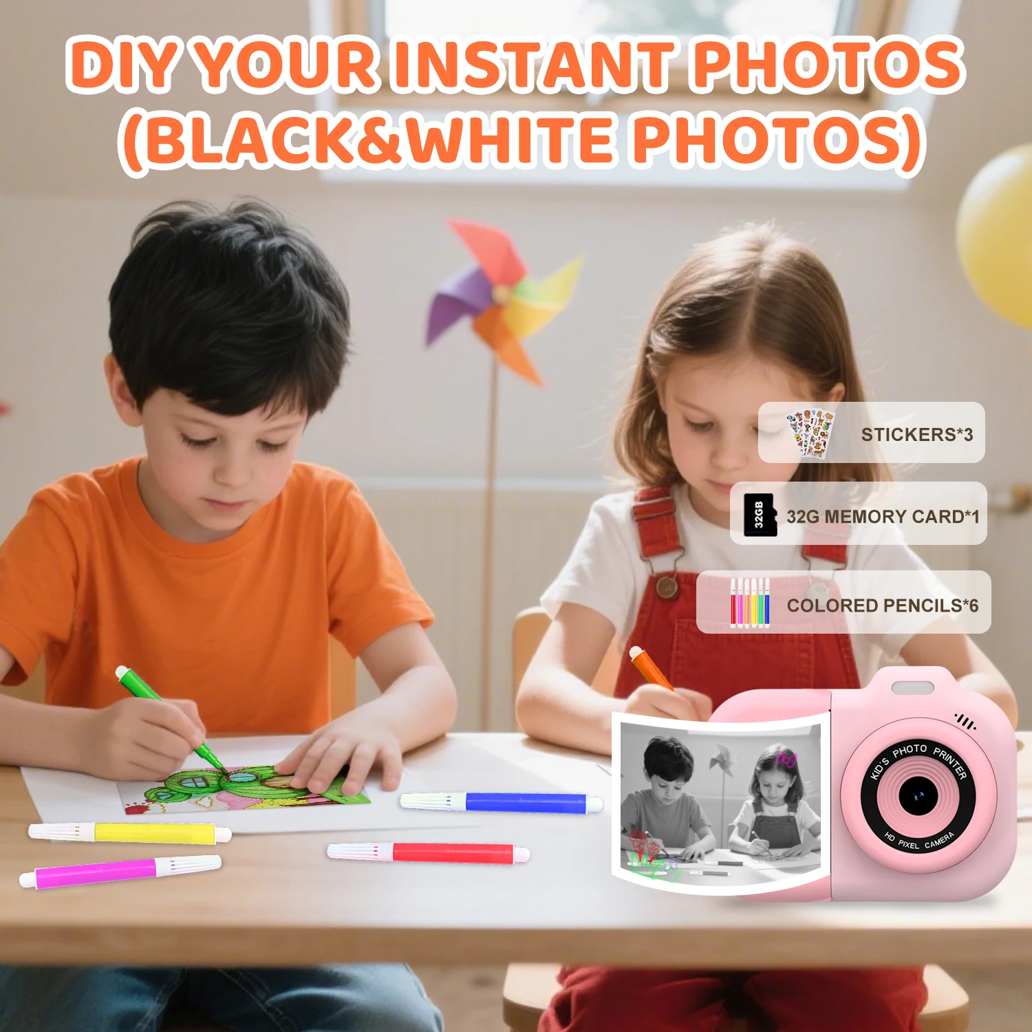Children Instant Print Camera Dual Lens 1080P HD Video Record Photo Thermal Print Digital Camera 32G Kids Toys Boys Girls Gifts