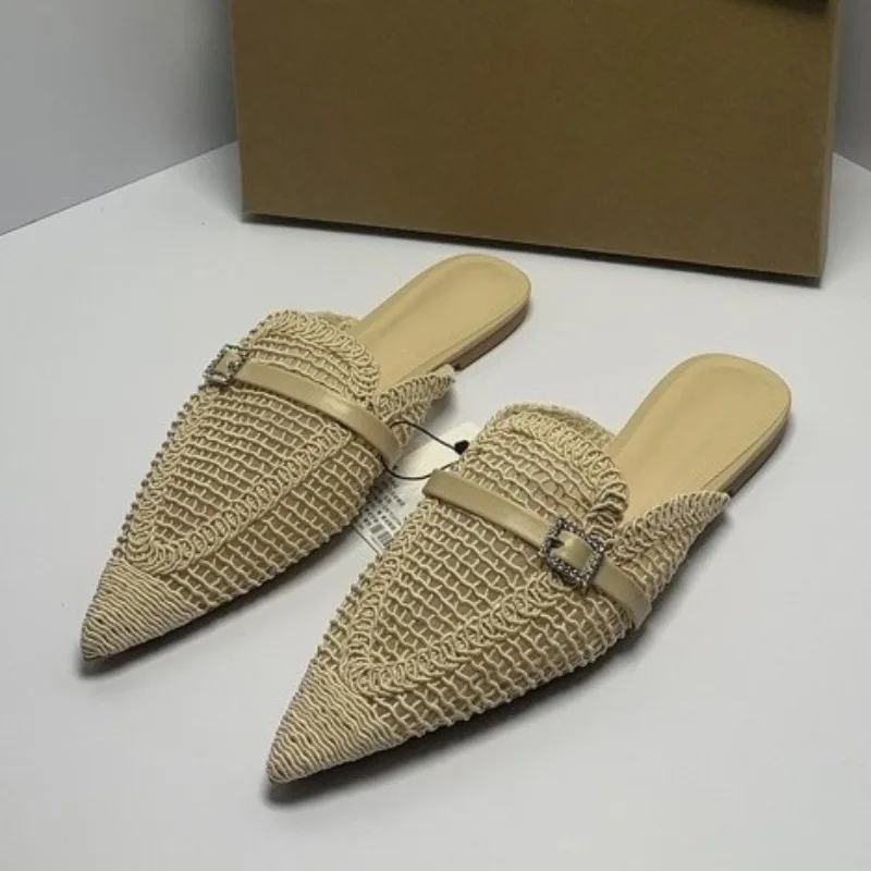 

Hollowed Out Design Women Flat Sandals Elegant Pointed Toe Breathable Woven Mules with Rhinestones Buckle Ladies Summer Shoes