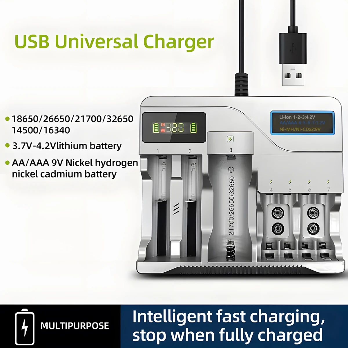 18650 Battery Charger with LCD Display 7 Slots for AA AAA Batttery 18650 26650 16340 Lithium Battery (Battery not included)