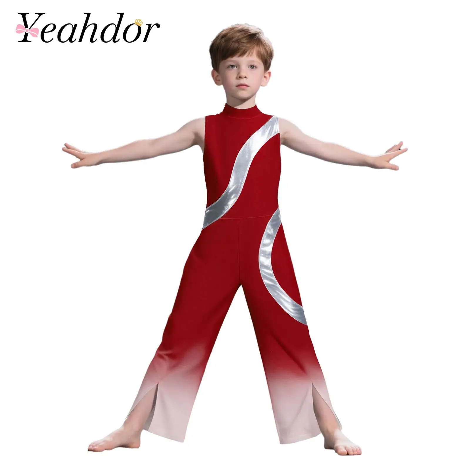 

Boy's Gymnastics Leotard Jumpsuit Ballet Dance Practice Full Body Leotard Mock Neck Sleeveless Split Gradient Bottom Bodysuit
