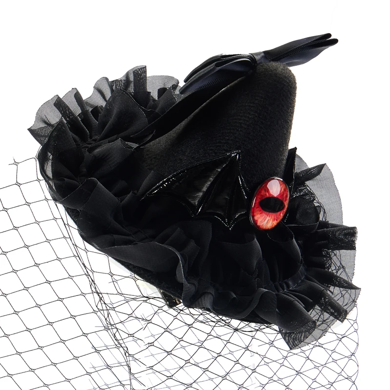 Halloween Witch Hat Evil Eye Bat Wings Mini Pointy Witch Hats with Bowknot Face Veil Fascinator Hair Clips