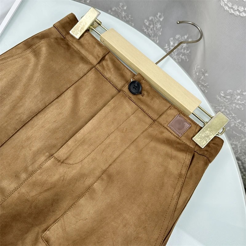 High Waist Suede Texture Straight Skirt Autumn Style Casual High Fiber Polyester No Brand Label Ladies Skirt with Pockets