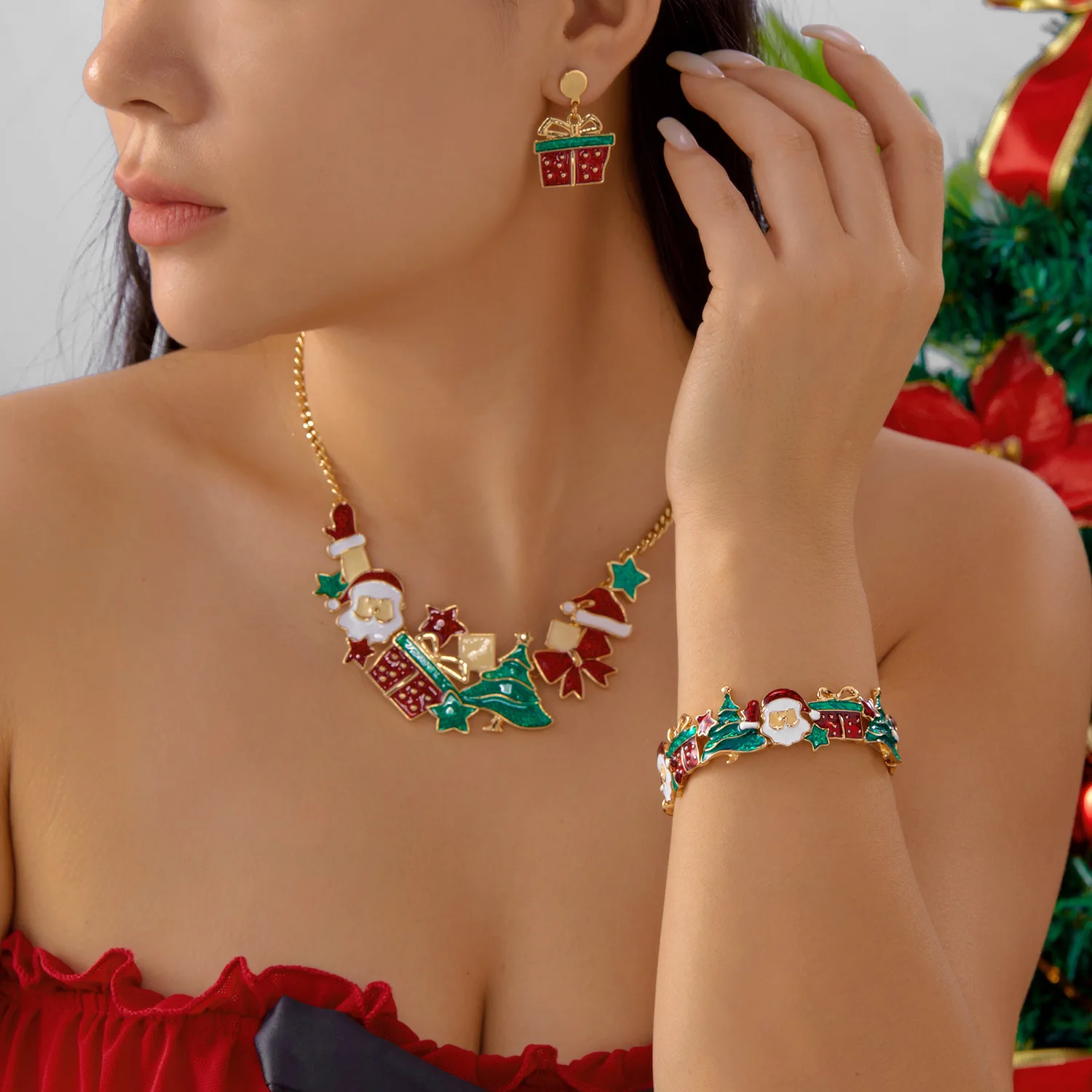 Christmas necklace gift Santa tree item jewelry set cute cartoon holiday ornaments