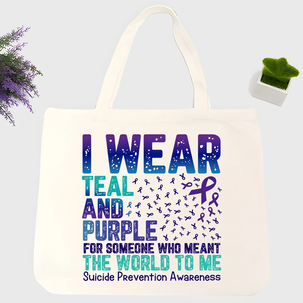 Women's teal and purple ribbon letter print canvas tote bag, suitable for suicide prevention awareness events and daily casual