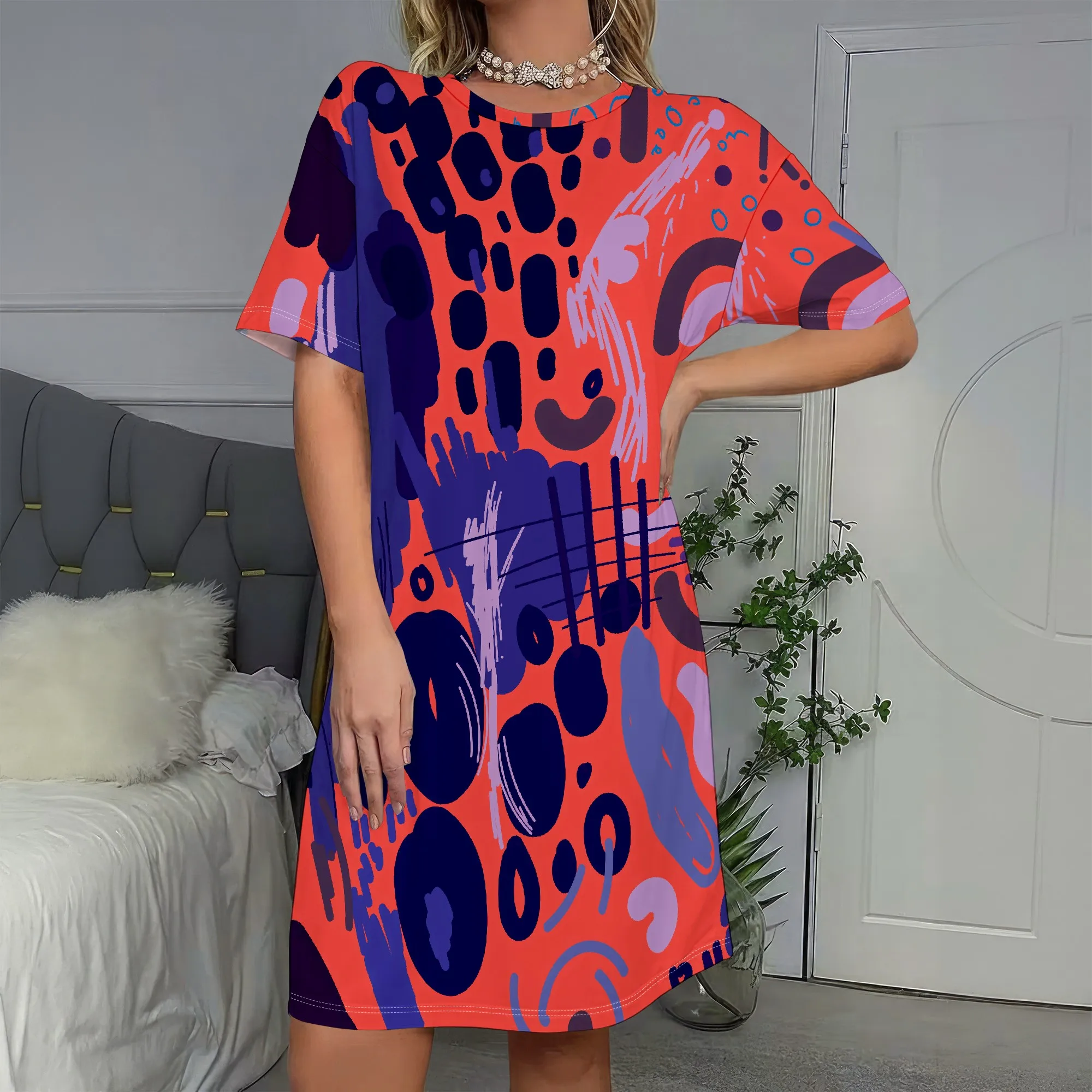 

Abstract Art Print, Short Sleeve Dress, Vibrant Orange Blue Pattern, Casual Loose Fit, Women's Summer T-Shirt Dress, S-2XL
