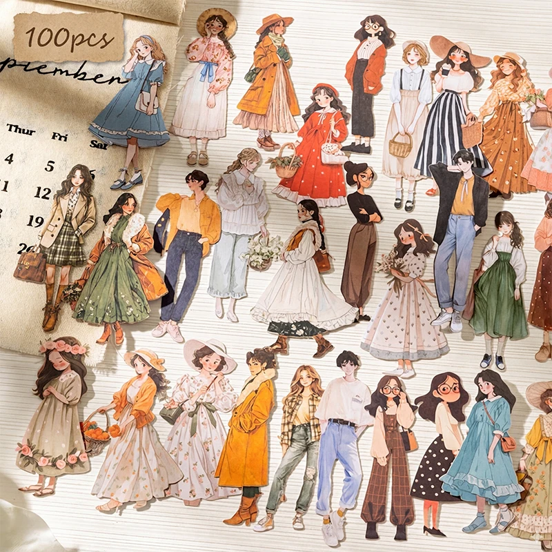 

100pcs/bag Girl Illustration Stickers Vintage Scrapbooking Stickers Junk Journal Diary Notebook Decor Stationery Supplies Gifts