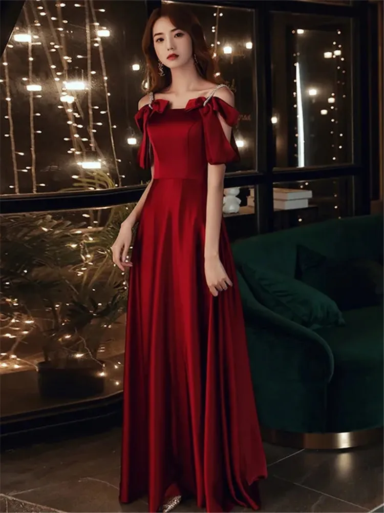 Elegant Dress Wine Red Solid Color Bow Diamond Long A-line Skirt Temperament Evening Gown M034