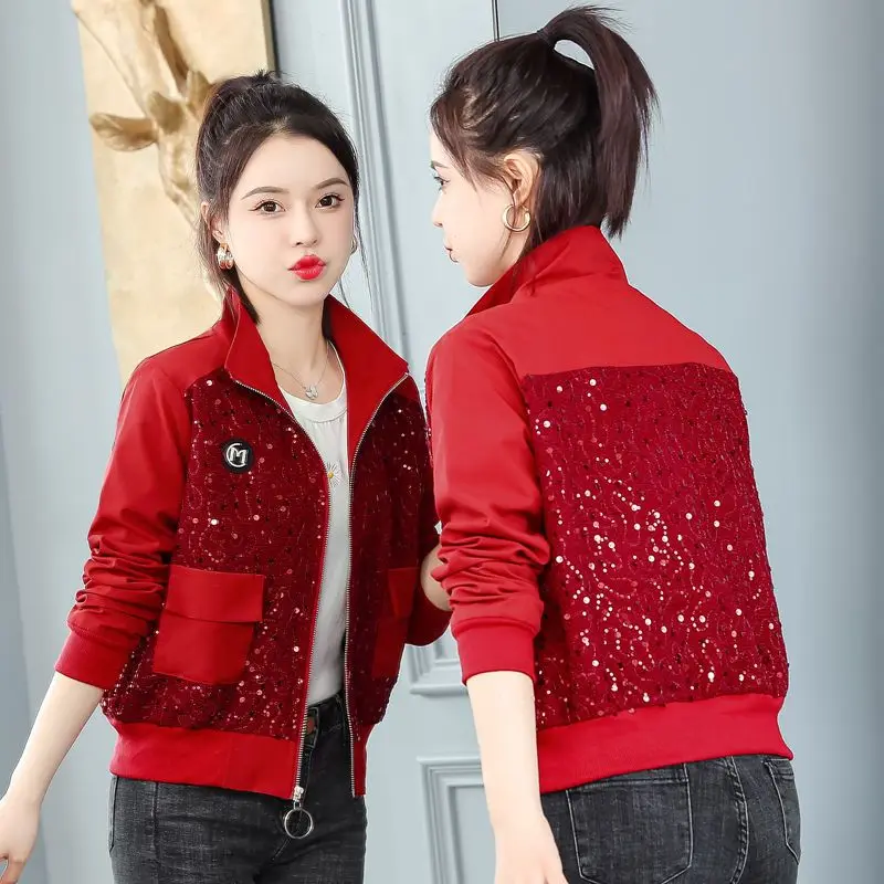 

Женская короткая куртка, весна-осень 2024, модный модный укороченный пиджак с блестками, блестящая верхняя одежда в бейсбольном стиле для миниатюрных размеров